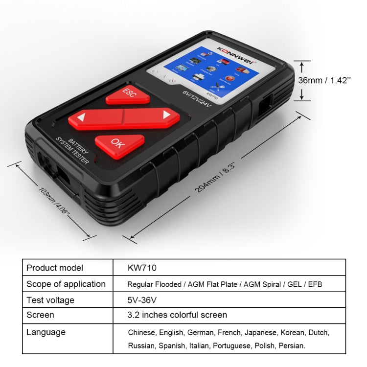 KONNWEI KW710 Car 3.2 inch 6V-24V Lead-acid Battery Tester Support 13 Languages, KW710 KONNWEI KW710 Car 3.2 inch 6V-24V Lead-acid Battery Tester Support 13 Languages, KW710